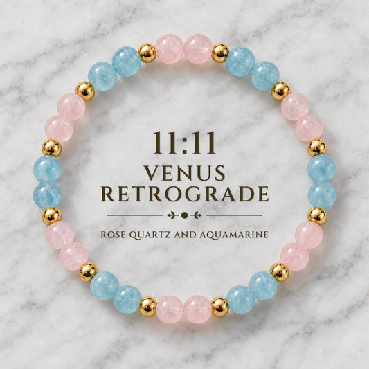 Rose quartz and aquamarine beaded bracelet with yellow-gold round spacer beads on marble with 11:11 Venus Retrograde text.