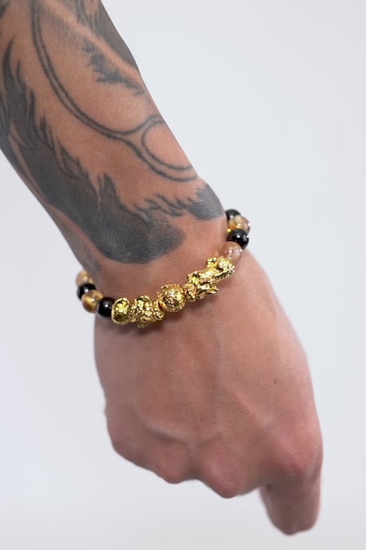 Natural Citrine & Black Obsidian Double Pixiu Feng Shui Bracelet